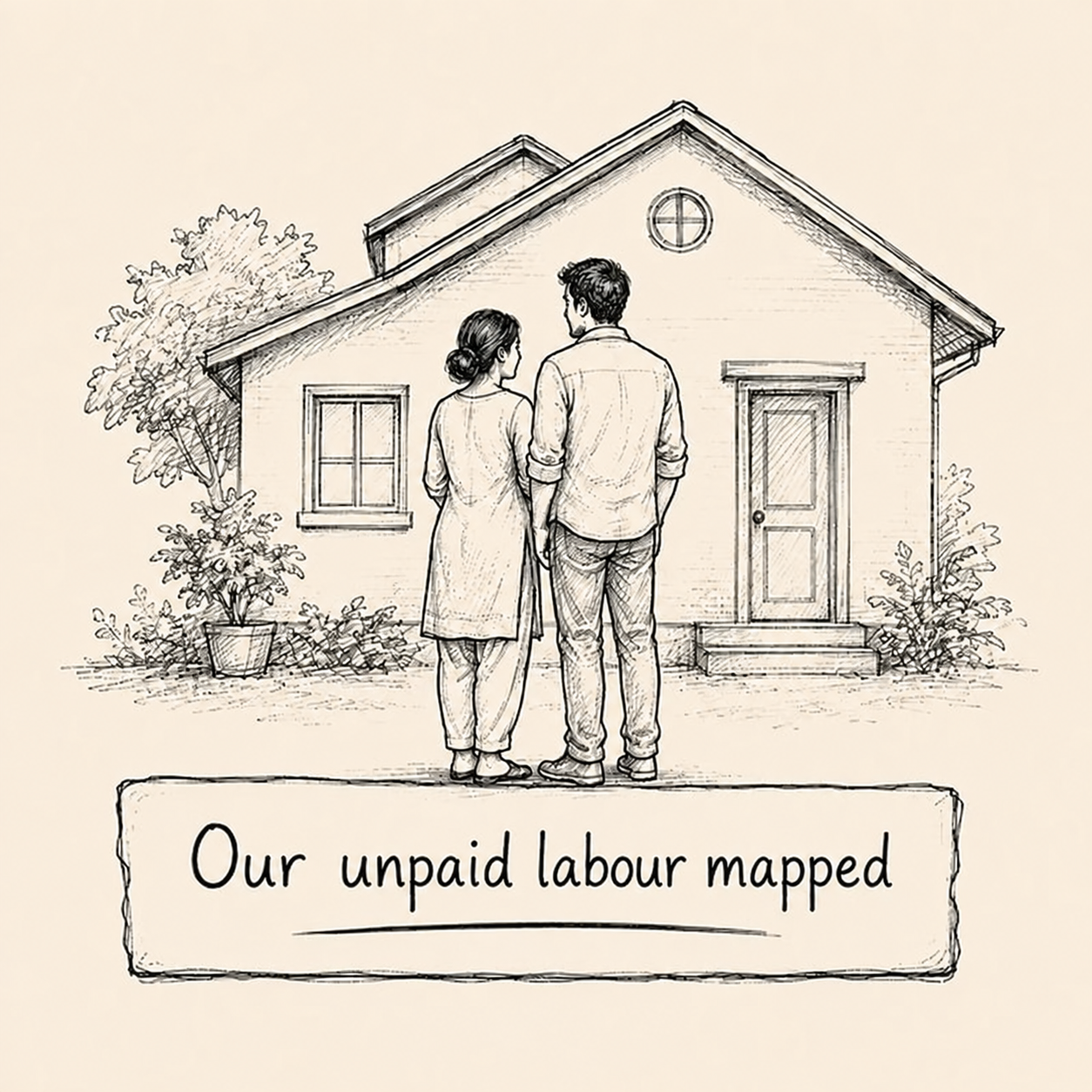 A couple standing in front of a house above the words Our unpaid labour mapped.