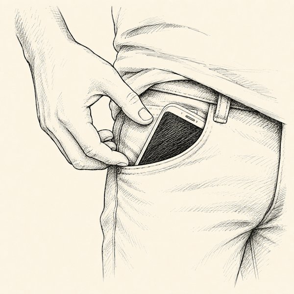 Hand drawn line art of a hand reaching into a pocket where a smartphone half-sticks out.