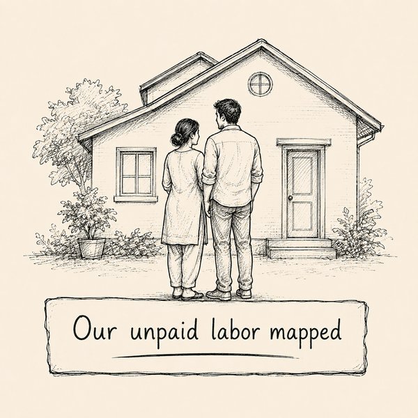Line art of a couple standing in front of a small house, with the words 'our unpaid labor mapped' inscribed below.