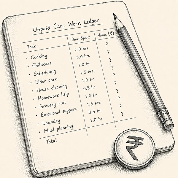 Line art of a woman writing in a notebook with a thought bubble asking how her life compares to other women around India.