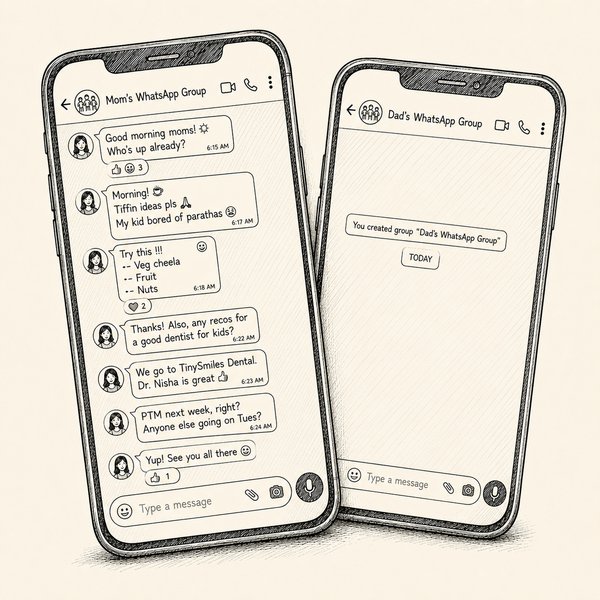 Two phone screens, a moms' WhatsApp group full of messages and a dads' WhatsApp group nearly empty.